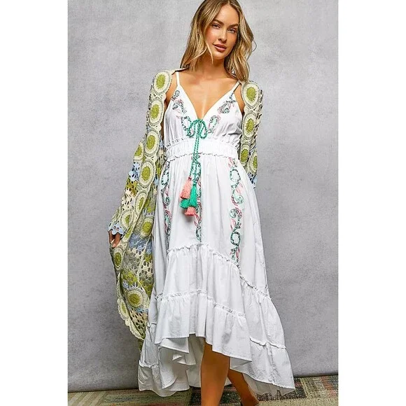 POL Scalloped Edge Open Front Crochet Cardigan with Colorful Stripe Pattern - Picture 2 of 5